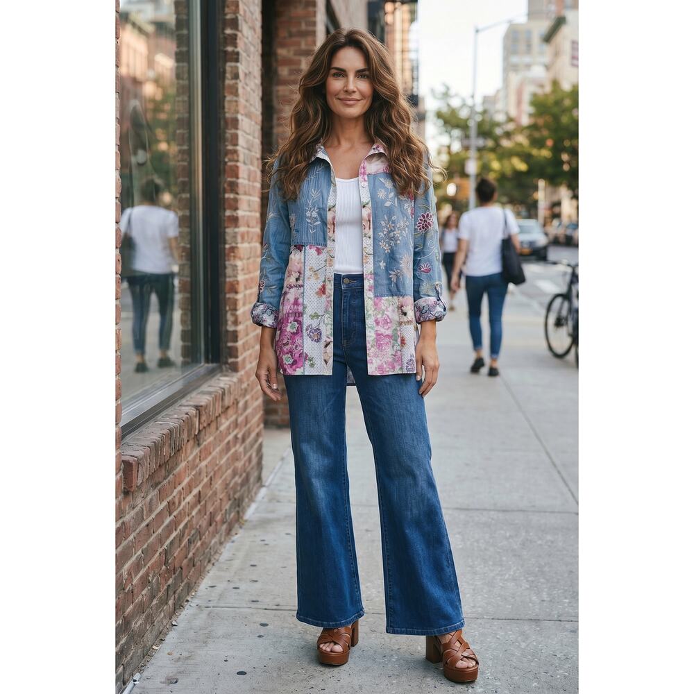 John Mark Embroidered Patchwork Denim Floral Button Shirt Jacket Boho Coastal M